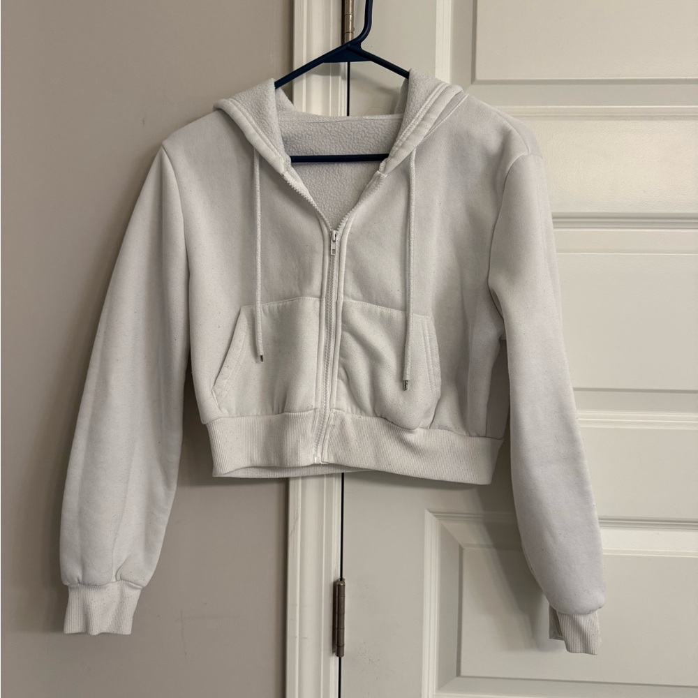 White Cropped Zip-Up Hoodie